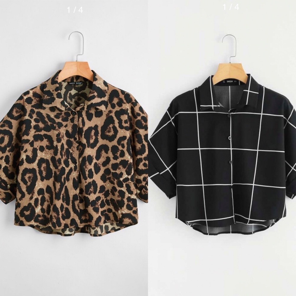 SHEIN Cuffed Sleeve Dip Hem Shirt. Leopard n Grid